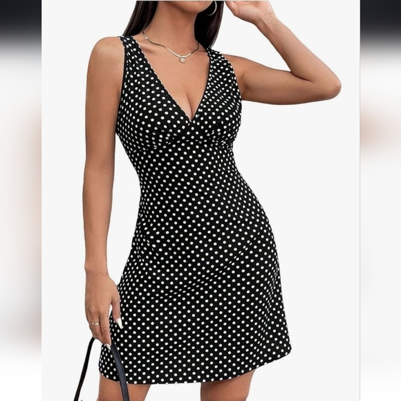 Chic Black and White Polka Dot Mini Dress - Picture 1 of 16
